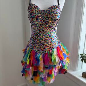 Multicolored Sequin and Feather Mini Dress!